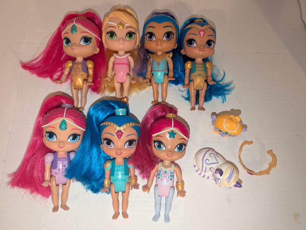 Lot of 7 Nickelodeon Fisher Price 6" Shimmer Shine Dolls Animals Crown